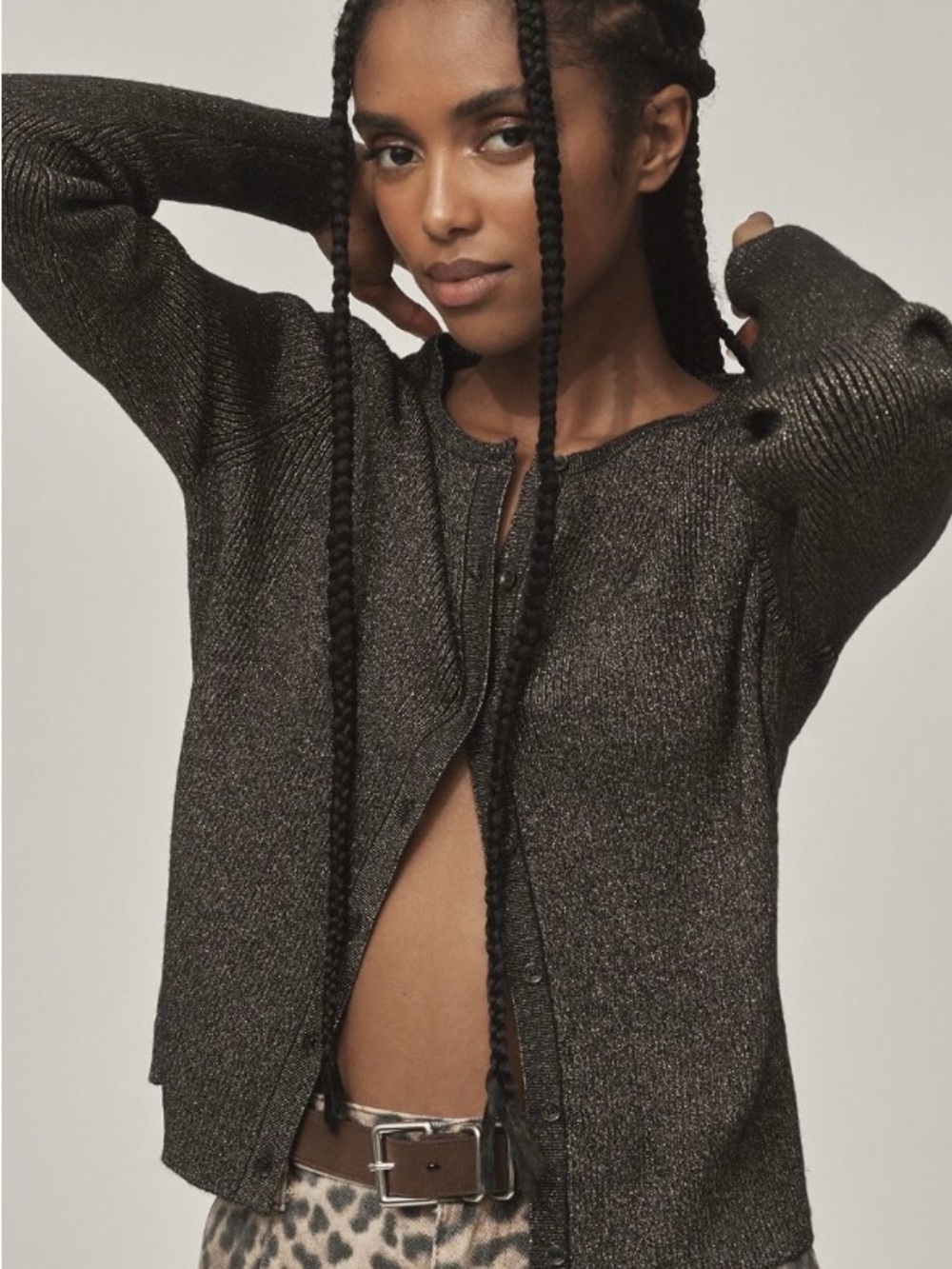 FRNCH Metallic Crew-Neck Cardigan Sweater